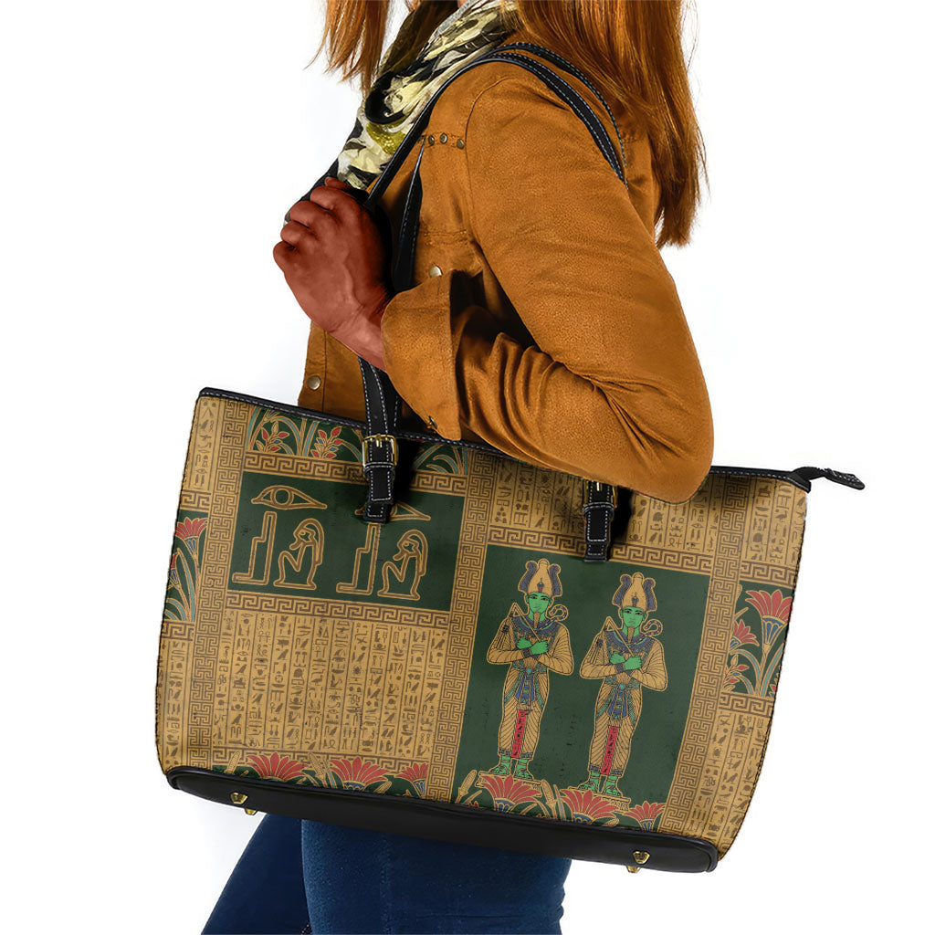 Egyptian God Osiris Leather Tote Bag Green Pharaonic Hieroglyphic Patterns