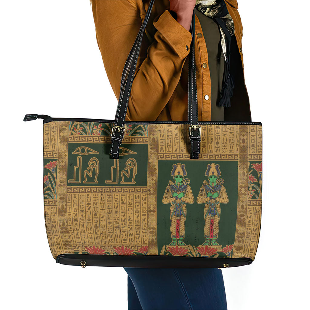 Egyptian God Osiris Leather Tote Bag Green Pharaonic Hieroglyphic Patterns
