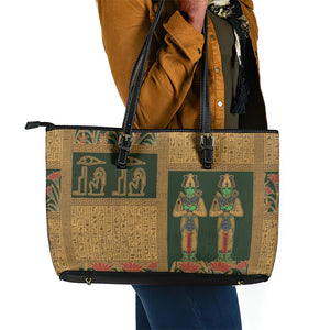 Egyptian God Osiris Leather Tote Bag Green Pharaonic Hieroglyphic Patterns
