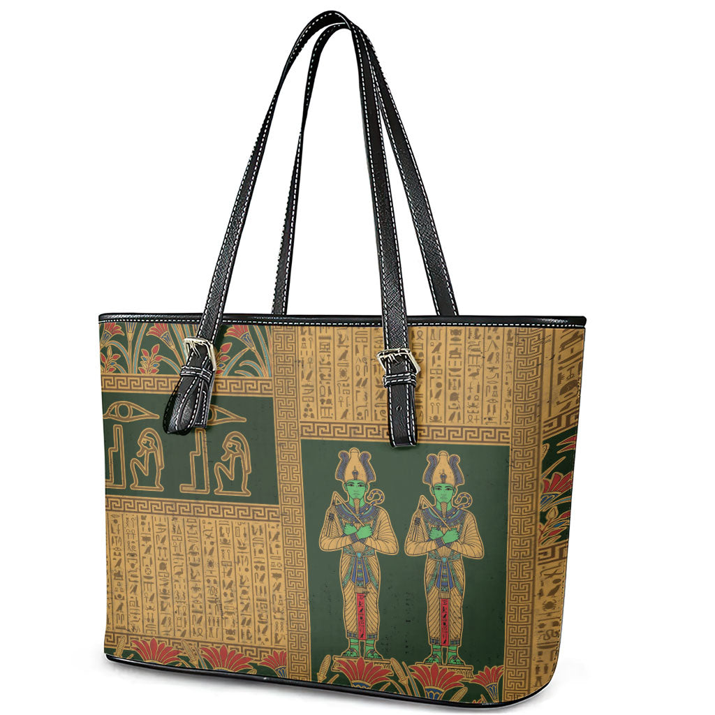 Egyptian God Osiris Leather Tote Bag Green Pharaonic Hieroglyphic Patterns