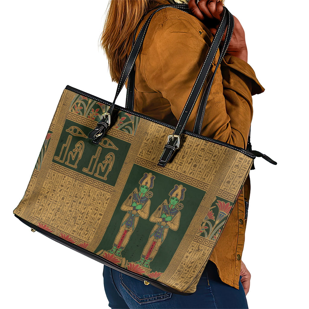 Egyptian God Osiris Leather Tote Bag Green Pharaonic Hieroglyphic Patterns