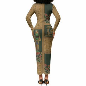 Egyptian God Osiris Long Sleeve Bodycon Dress Green Pharaonic Hieroglyphic Patterns