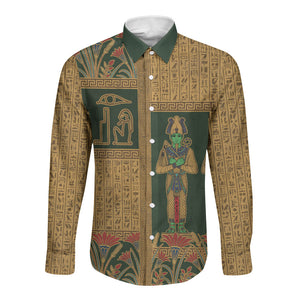 Egyptian God Osiris Long Sleeve Button Shirt Green Pharaonic Hieroglyphic Patterns