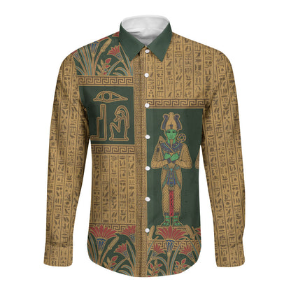 Egyptian God Osiris Long Sleeve Button Shirt Green Pharaonic Hieroglyphic Patterns