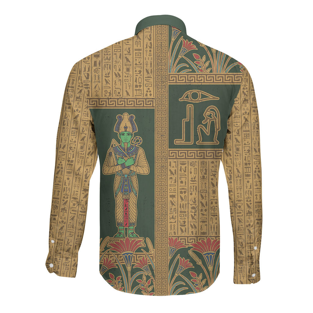 Egyptian God Osiris Long Sleeve Button Shirt Green Pharaonic Hieroglyphic Patterns