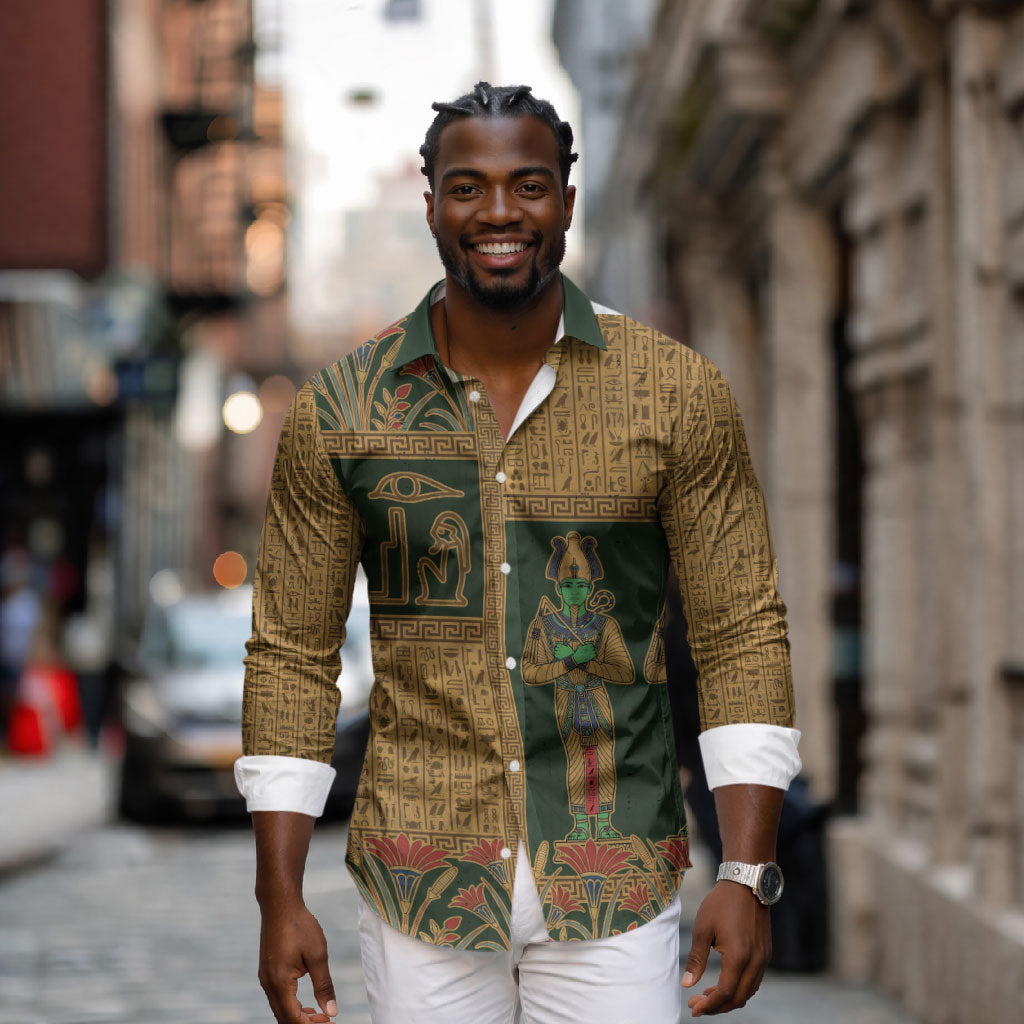 Egyptian God Osiris Long Sleeve Button Shirt Green Pharaonic Hieroglyphic Patterns