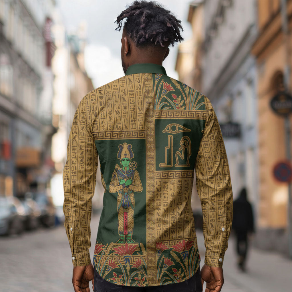 Egyptian God Osiris Long Sleeve Button Shirt Green Pharaonic Hieroglyphic Patterns