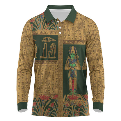 Egyptian God Osiris Long Sleeve Polo Shirt Green Pharaonic Hieroglyphic Patterns
