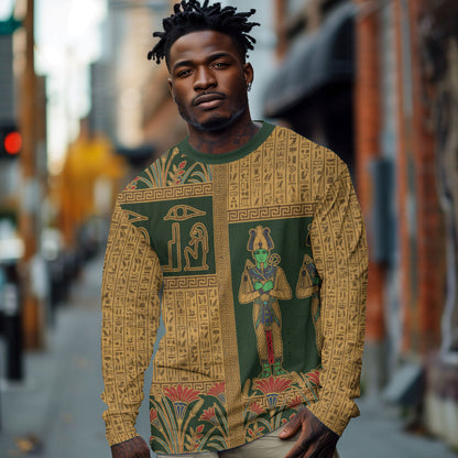 Egyptian God Osiris Long Sleeve Shirt Green Pharaonic Hieroglyphic Patterns