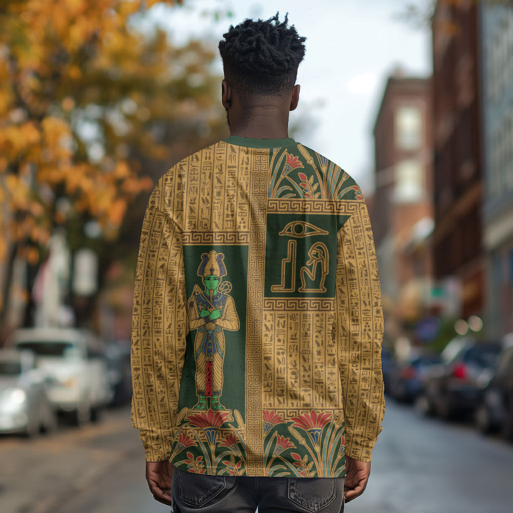 Egyptian God Osiris Long Sleeve Shirt Green Pharaonic Hieroglyphic Patterns