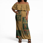 Egyptian God Osiris Off Shoulder Maxi Dress Green Pharaonic Hieroglyphic Patterns