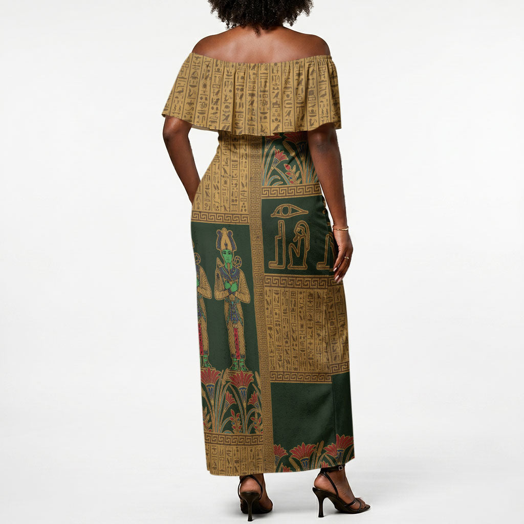 Egyptian God Osiris Off Shoulder Maxi Dress Green Pharaonic Hieroglyphic Patterns