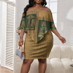 Egyptian God Osiris Off Shoulder Short Dress Green Pharaonic Hieroglyphic Patterns