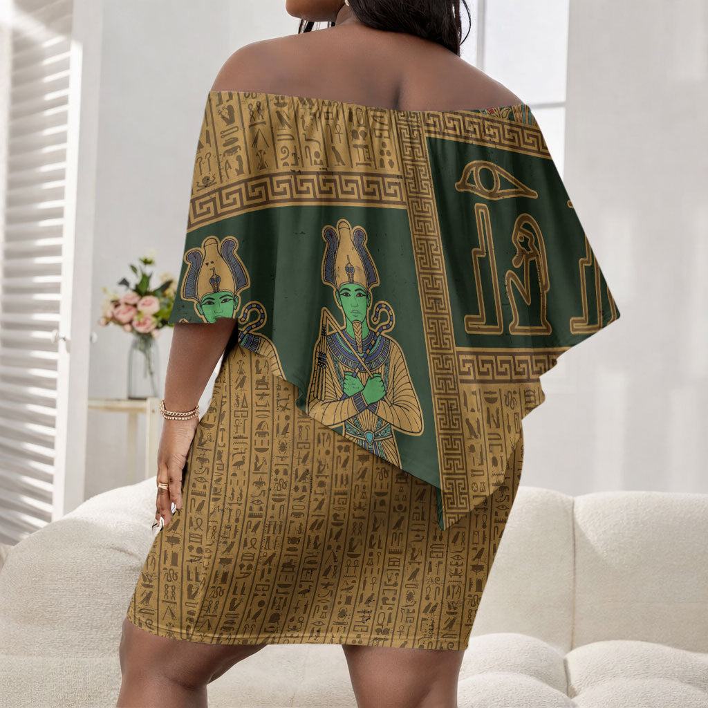 Egyptian God Osiris Off Shoulder Short Dress Green Pharaonic Hieroglyphic Patterns