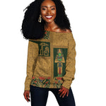 Egyptian God Osiris Off Shoulder Sweater Green Pharaonic Hieroglyphic Patterns