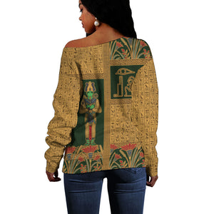 Egyptian God Osiris Off Shoulder Sweater Green Pharaonic Hieroglyphic Patterns