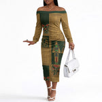 Egyptian God Osiris Off The Shoulder Long Sleeve Dress Green Pharaonic Hieroglyphic Patterns