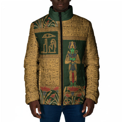 Egyptian God Osiris Padded Jacket Green Pharaonic Hieroglyphic Patterns