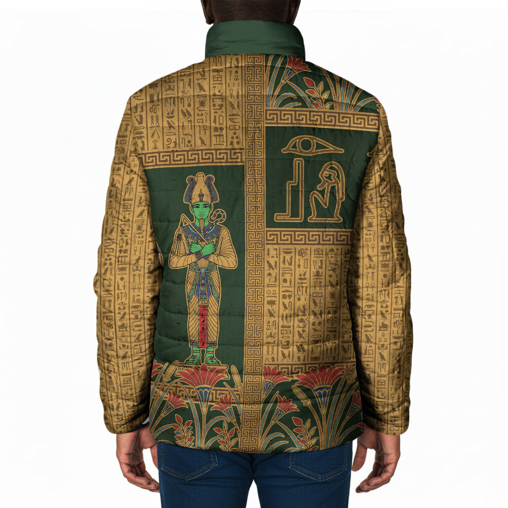 Egyptian God Osiris Padded Jacket Green Pharaonic Hieroglyphic Patterns