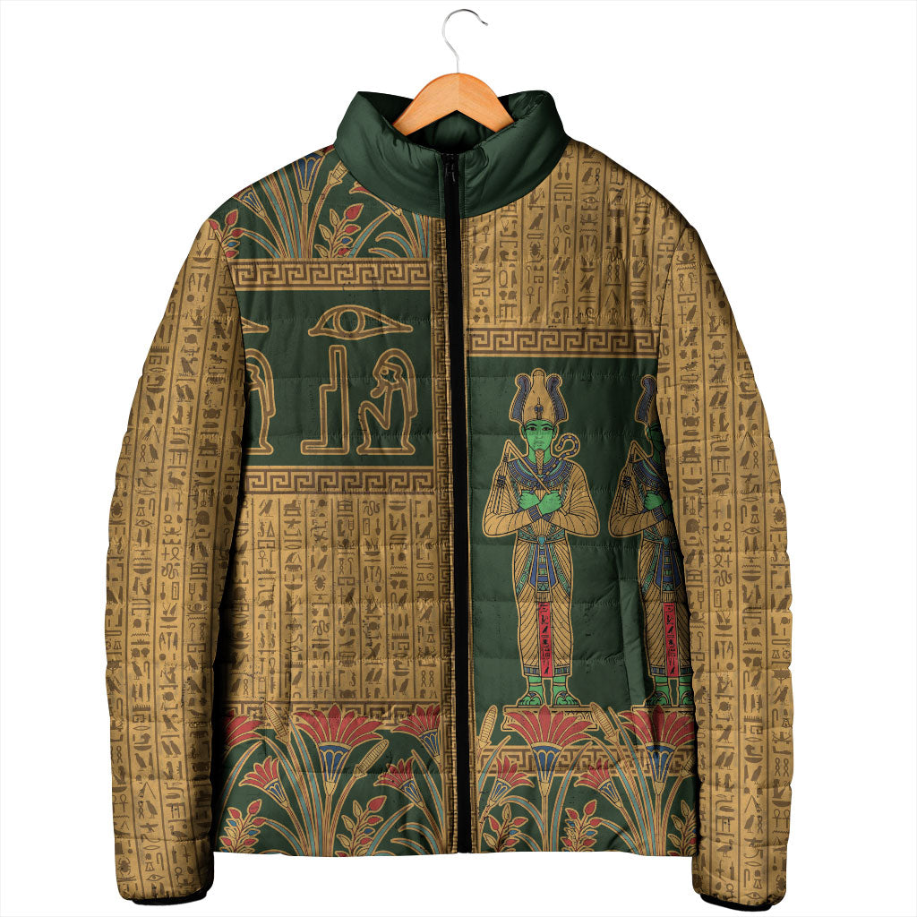Egyptian God Osiris Padded Jacket Green Pharaonic Hieroglyphic Patterns