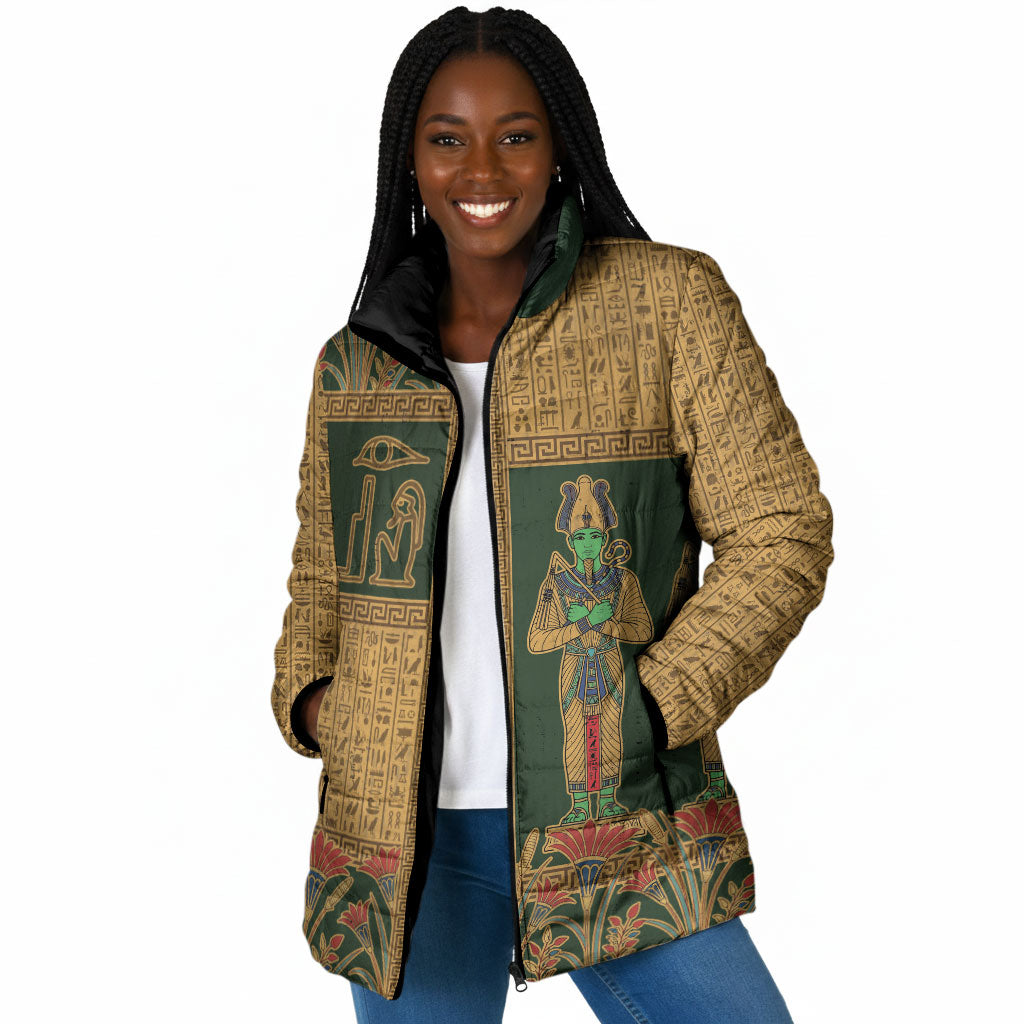 Egyptian God Osiris Padded Jacket Green Pharaonic Hieroglyphic Patterns