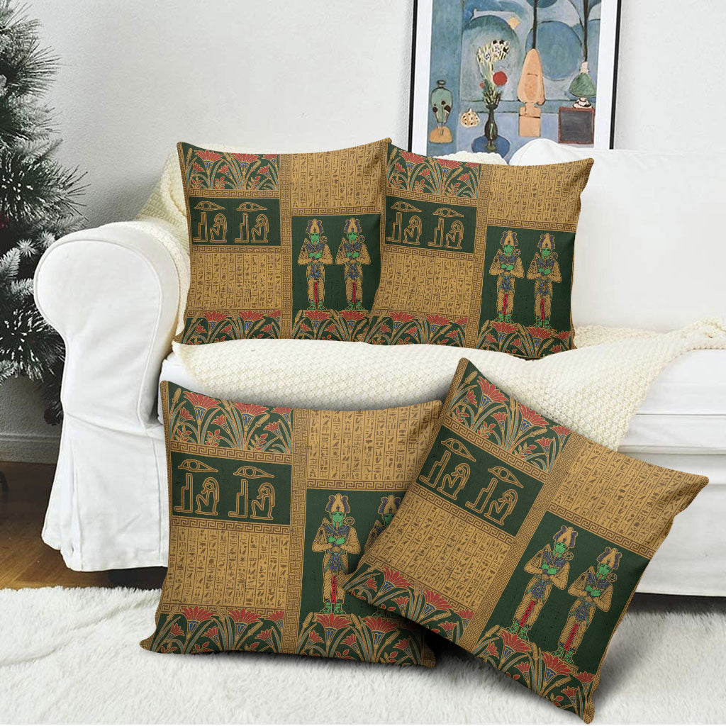 Egyptian God Osiris Pillow Cover Green Pharaonic Hieroglyphic Patterns