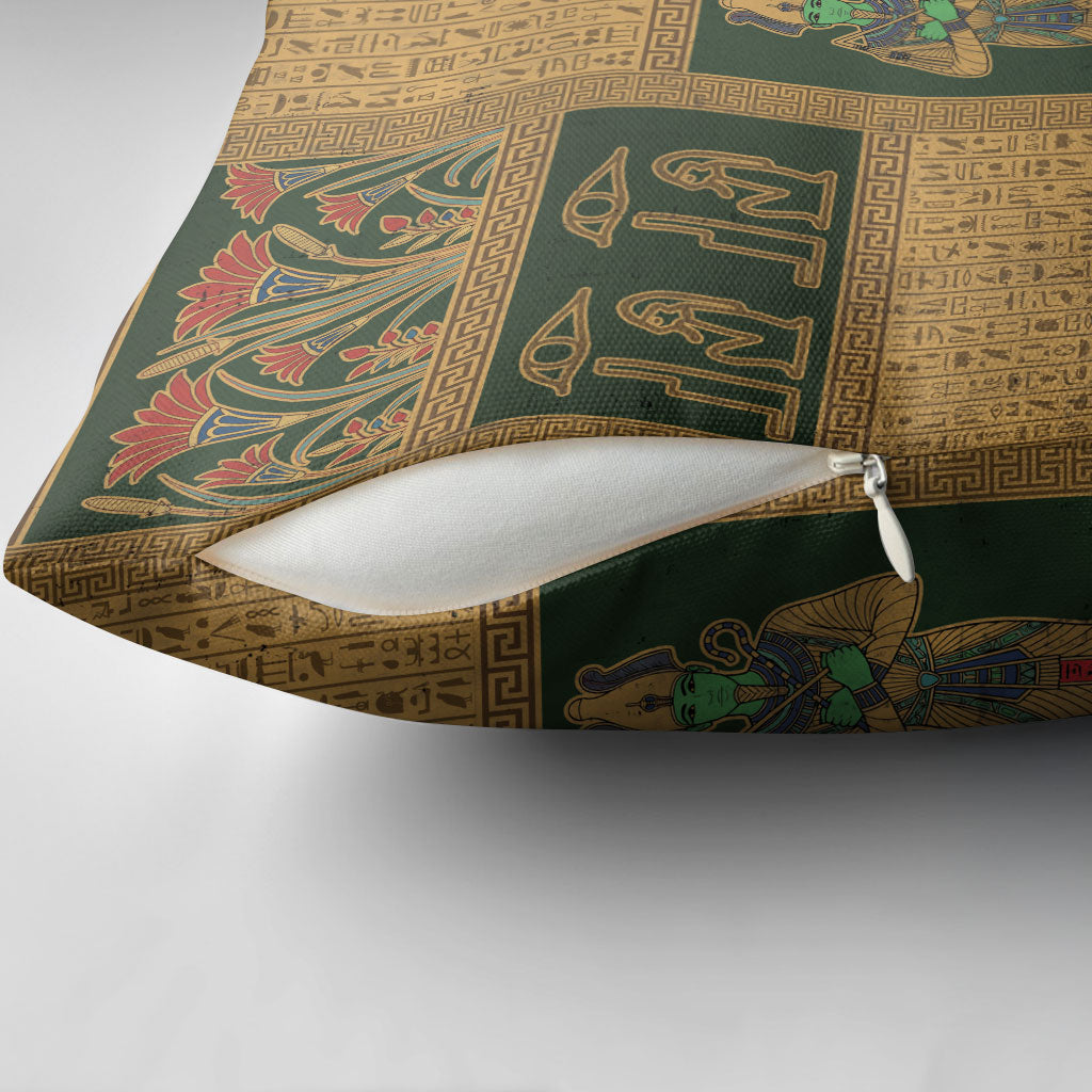Egyptian God Osiris Pillow Cover Green Pharaonic Hieroglyphic Patterns