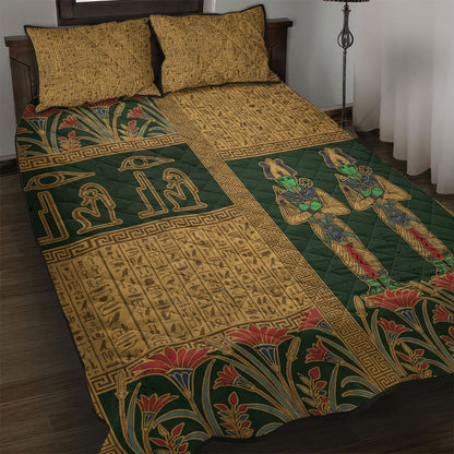 Egyptian God Osiris Quilt Bed Set Green Pharaonic Hieroglyphic Patterns