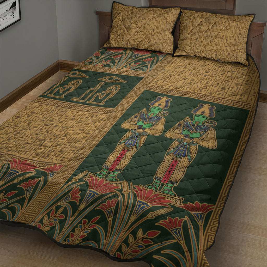 Egyptian God Osiris Quilt Bed Set Green Pharaonic Hieroglyphic Patterns