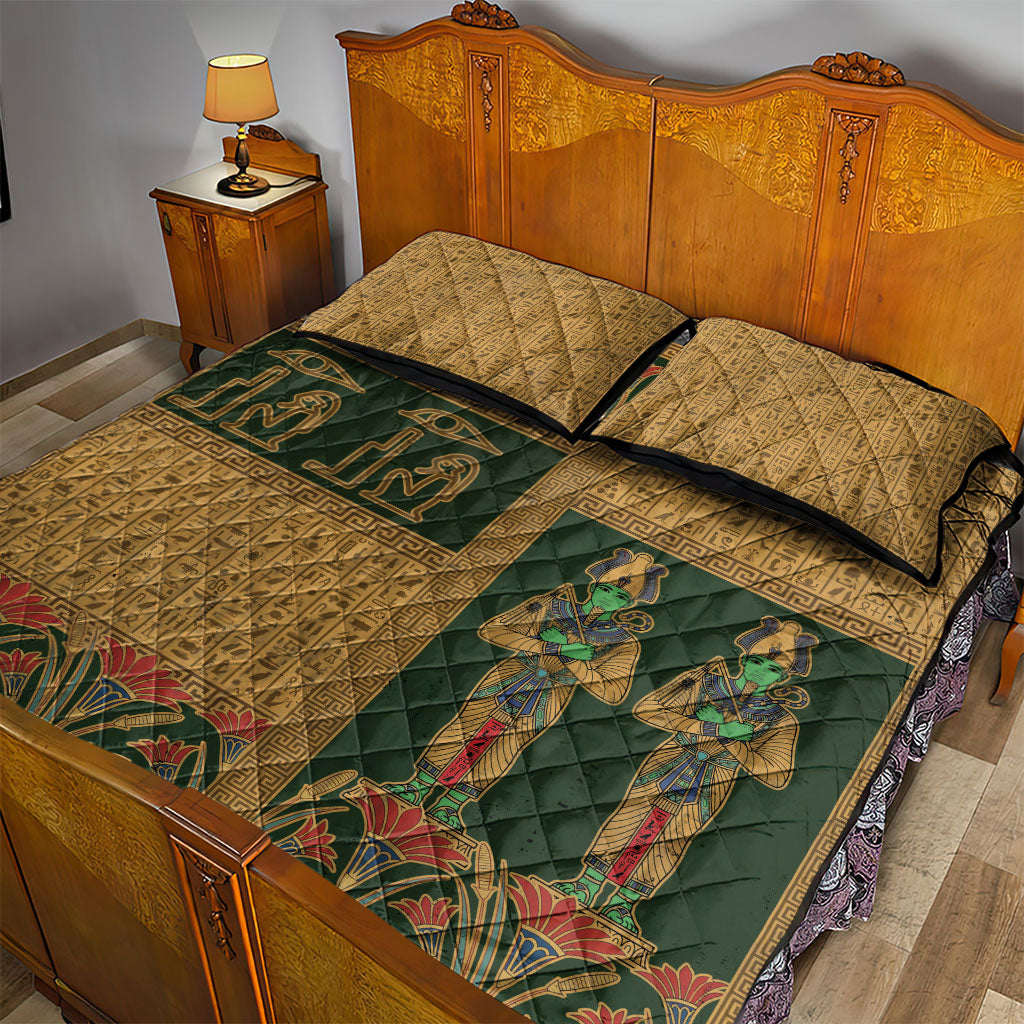 Egyptian God Osiris Quilt Bed Set Green Pharaonic Hieroglyphic Patterns