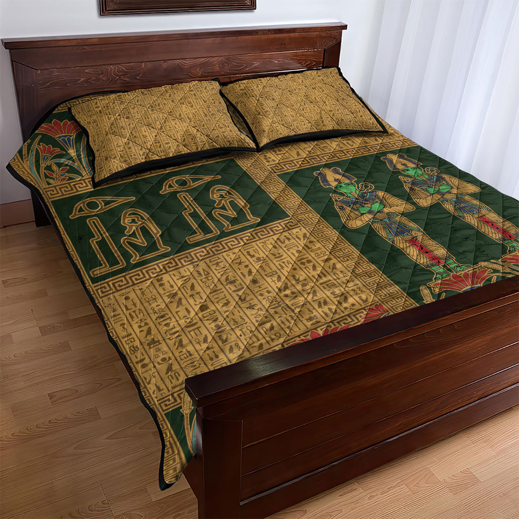 Egyptian God Osiris Quilt Bed Set Green Pharaonic Hieroglyphic Patterns