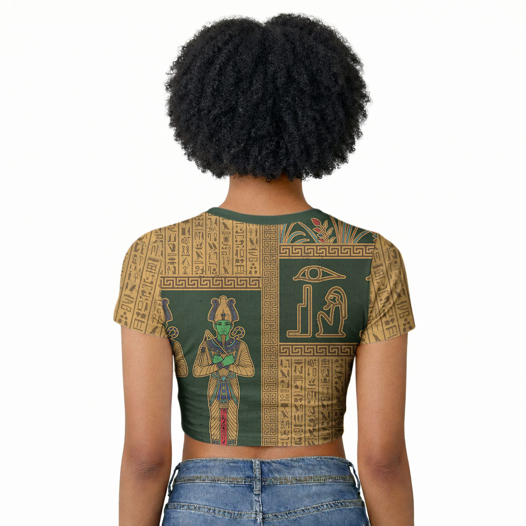Egyptian God Osiris Raglan Cropped T shirt Green Pharaonic Hieroglyphic Patterns