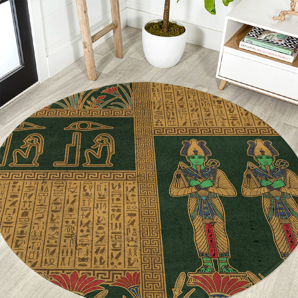 Egyptian God Osiris Round Carpet Green Pharaonic Hieroglyphic Patterns