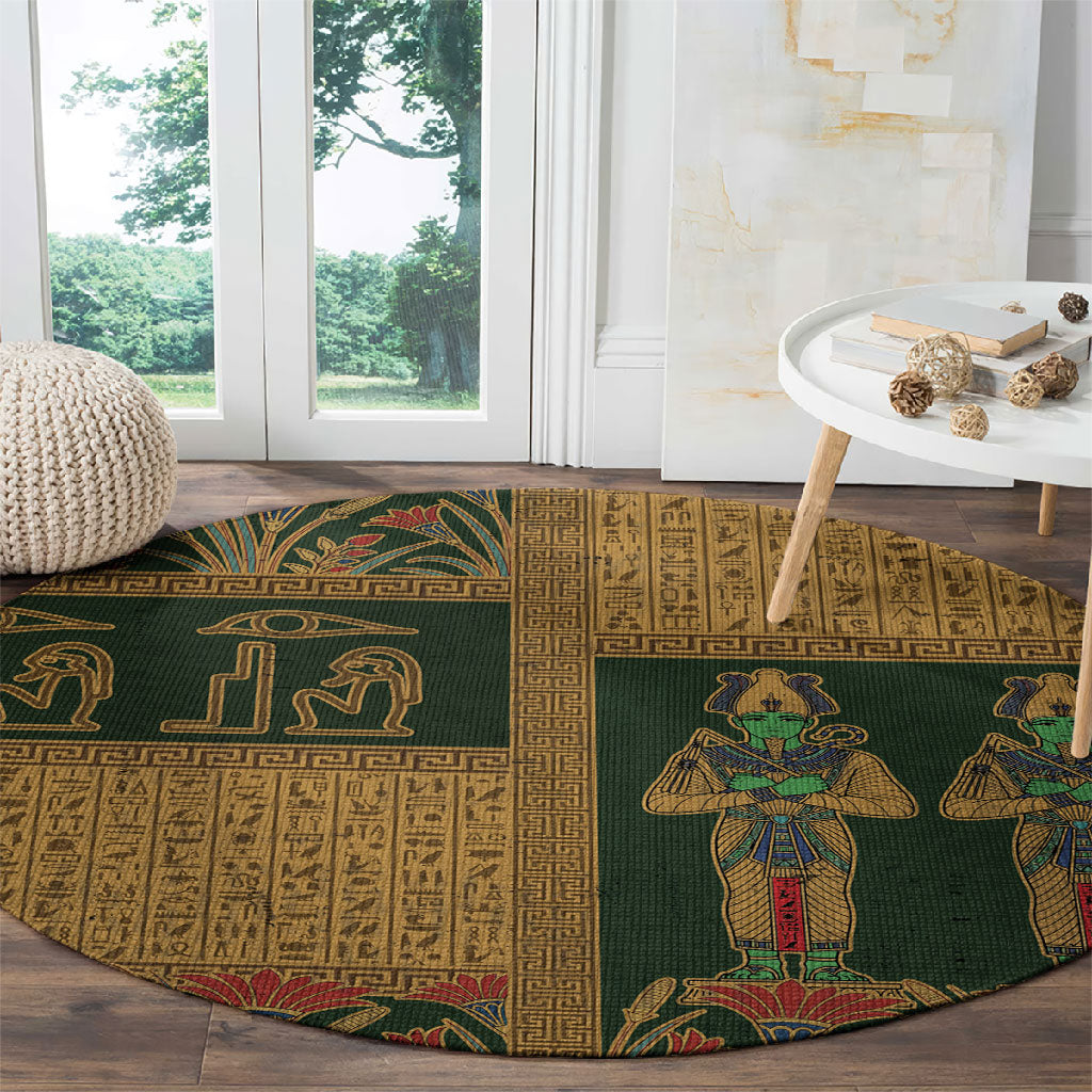 Egyptian God Osiris Round Carpet Green Pharaonic Hieroglyphic Patterns