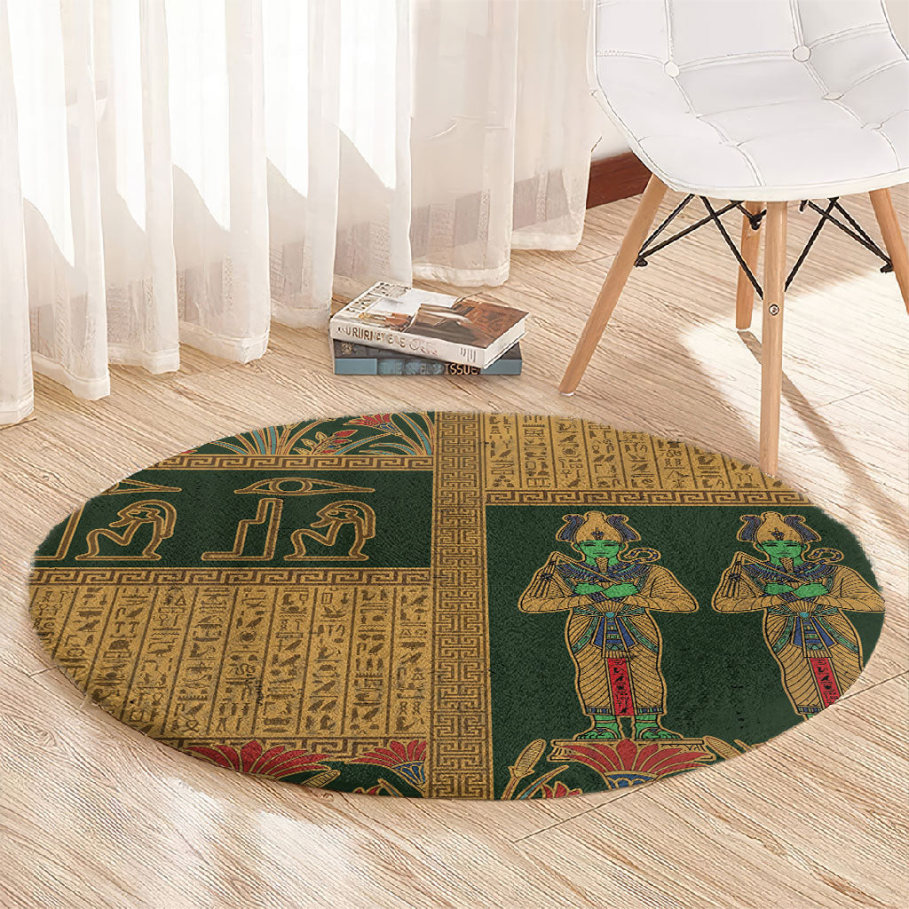 Egyptian God Osiris Round Carpet Green Pharaonic Hieroglyphic Patterns