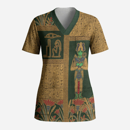 Egyptian God Osiris Scrub Top Green Pharaonic Hieroglyphic Patterns