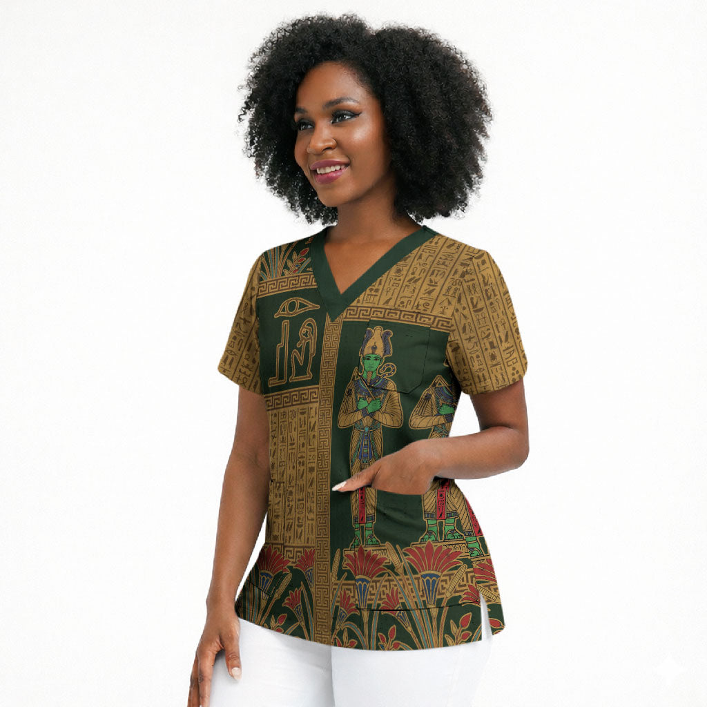 Egyptian God Osiris Scrub Top Green Pharaonic Hieroglyphic Patterns