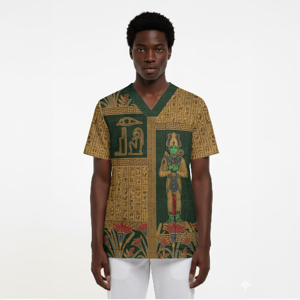Egyptian God Osiris Scrub Top Green Pharaonic Hieroglyphic Patterns