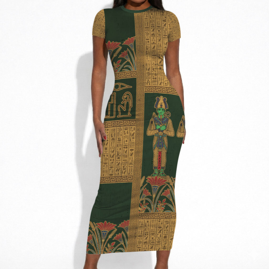 Egyptian God Osiris Short Sleeve Bodycon Dress Green Pharaonic Hieroglyphic Patterns