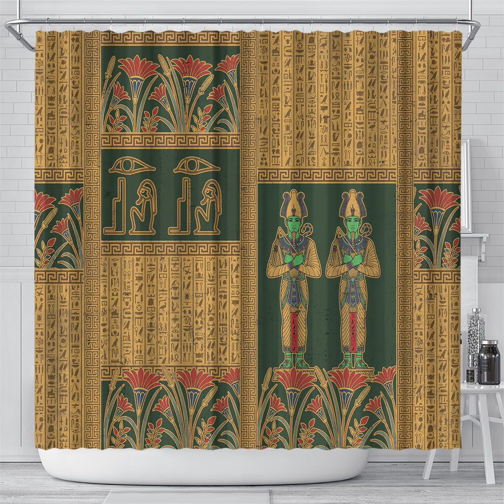 Egyptian God Osiris Shower Curtain Green Pharaonic Hieroglyphic Patterns