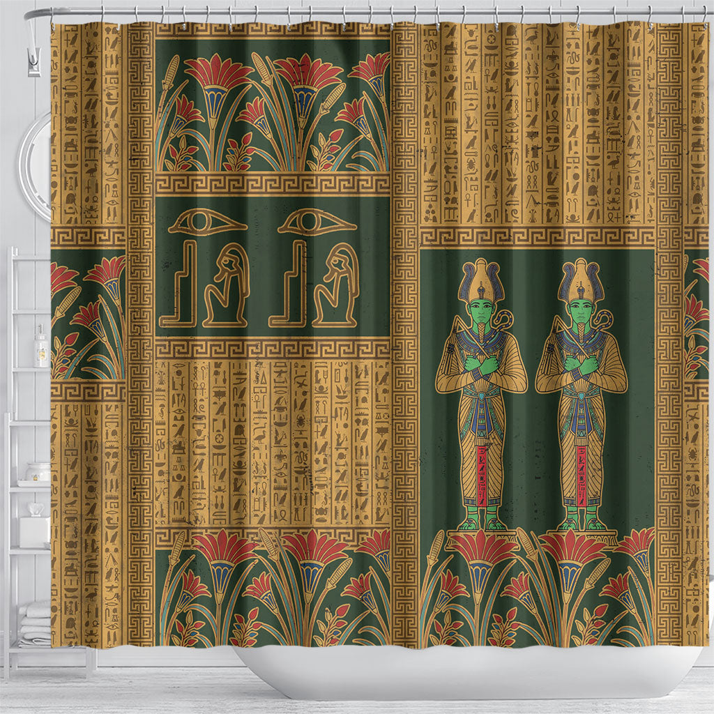 Egyptian God Osiris Shower Curtain Green Pharaonic Hieroglyphic Patterns