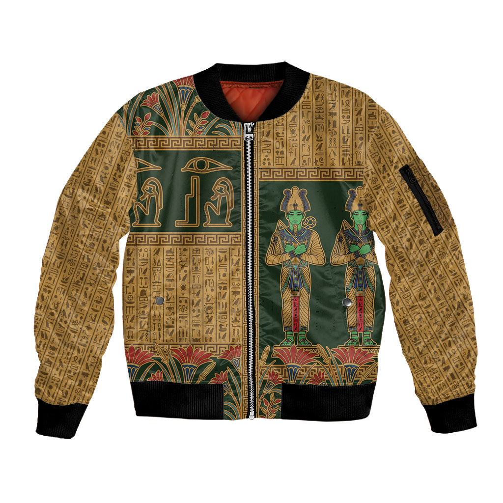 Egyptian God Osiris Sleeve Zip Bomber Jacket Green Pharaonic Hieroglyphic Patterns