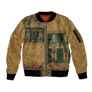 Egyptian God Osiris Sleeve Zip Bomber Jacket Green Pharaonic Hieroglyphic Patterns