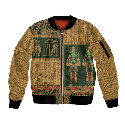 Egyptian God Osiris Sleeve Zip Bomber Jacket Green Pharaonic Hieroglyphic Patterns