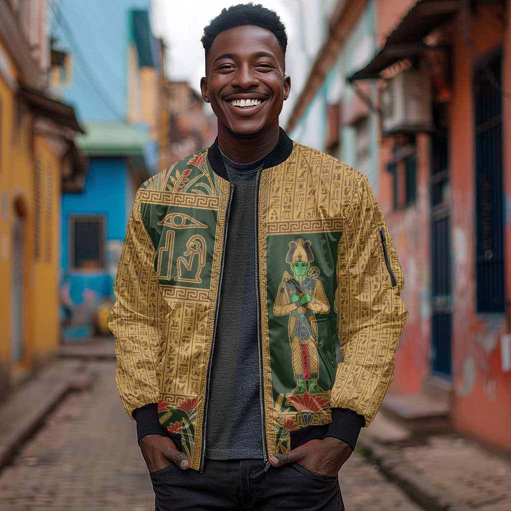 Egyptian God Osiris Sleeve Zip Bomber Jacket Green Pharaonic Hieroglyphic Patterns