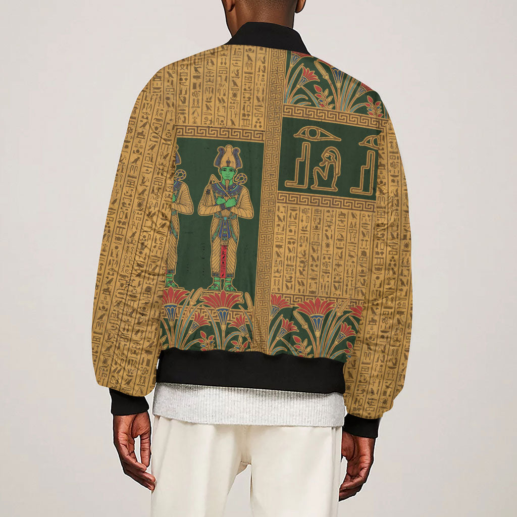 Egyptian God Osiris Sleeve Zip Bomber Jacket Green Pharaonic Hieroglyphic Patterns