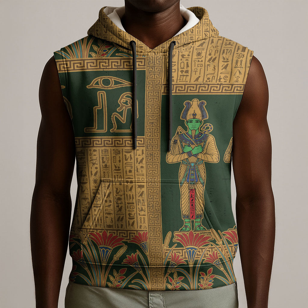 Egyptian God Osiris Sleeveless Hoodie Green Pharaonic Hieroglyphic Patterns