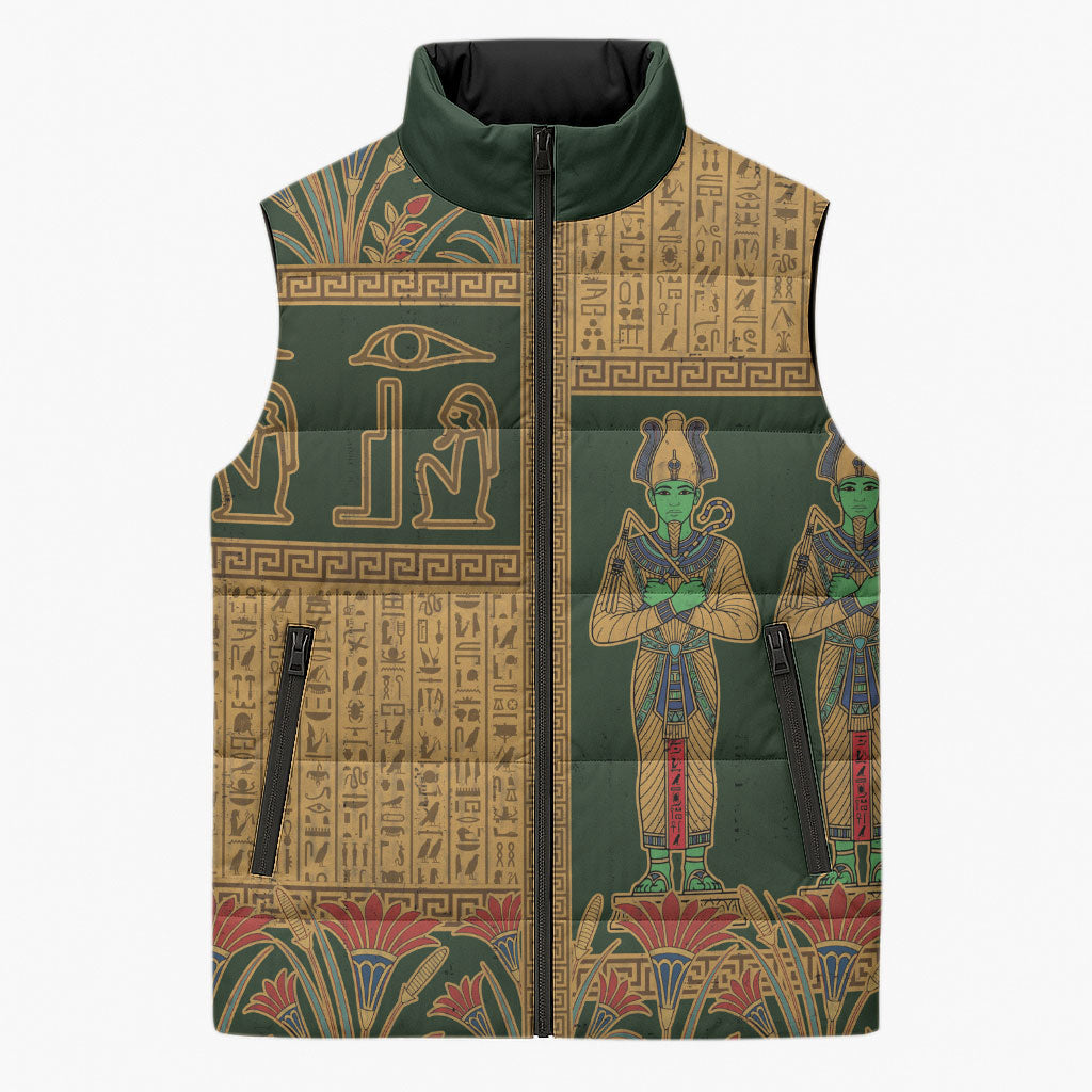 Egyptian God Osiris Sleeveless Puffer Jacket Green Pharaonic Hieroglyphic Patterns