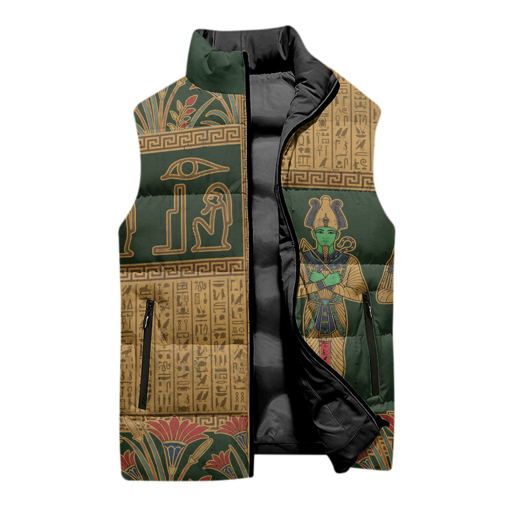 Egyptian God Osiris Sleeveless Puffer Jacket Green Pharaonic Hieroglyphic Patterns