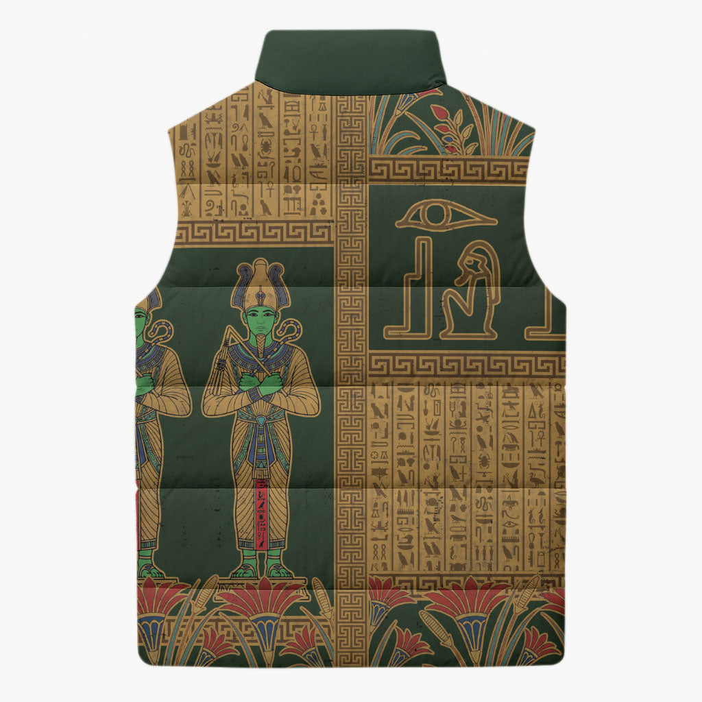 Egyptian God Osiris Sleeveless Puffer Jacket Green Pharaonic Hieroglyphic Patterns